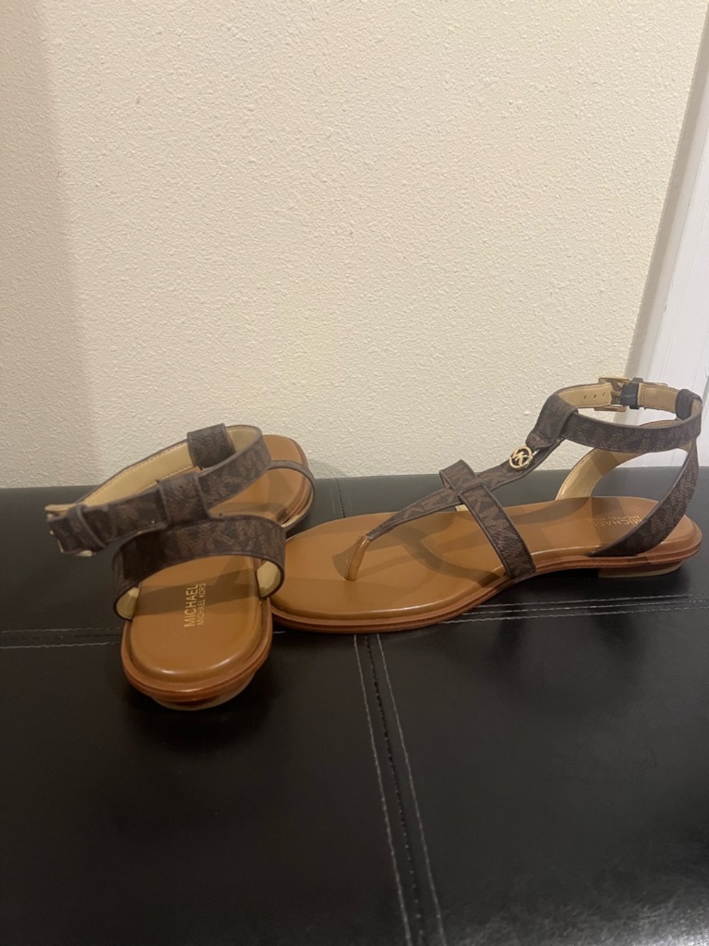 Michael Kors Brown MK Monogram T-Strap Sandals - Picture 6 of 6